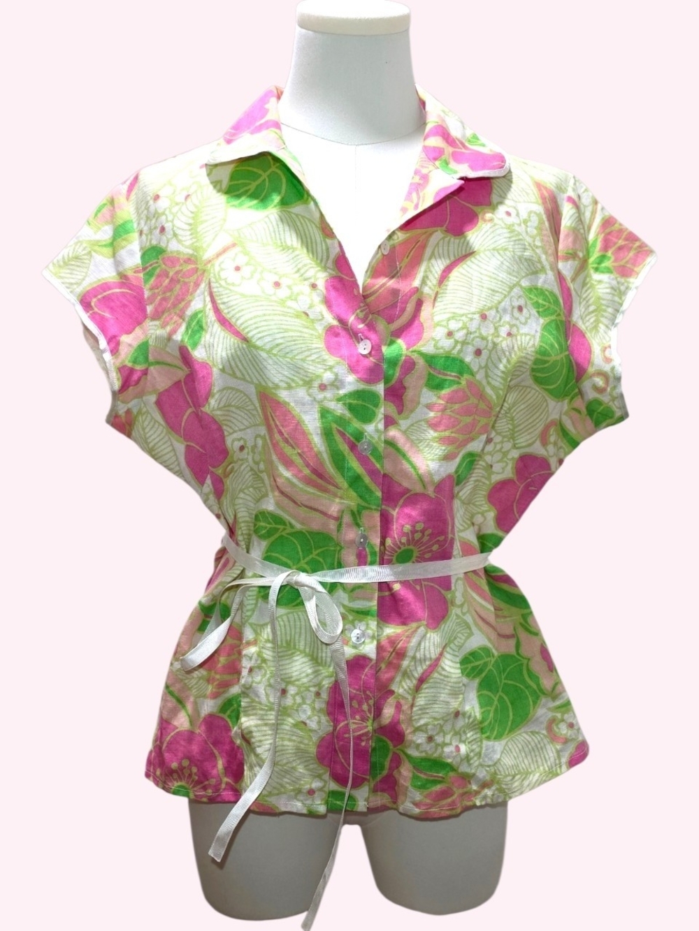 RICHARD MALCOLM 💫 Floral Pink & Green Button-Front Women’s Shirt - Belted